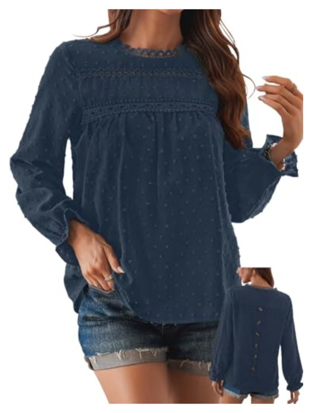 Womens Ruffle Long Sleeve Swiss Dot Boho Blouse Crew Neck